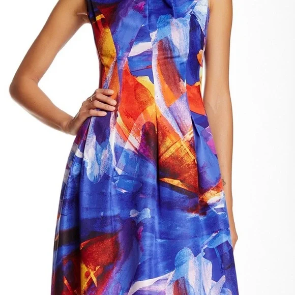 Size 10 Ellen Tracy A-Line Midi Print Dress (blue, purple, orange) - Picture 6 of 6